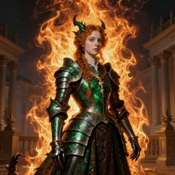 Gothic princess in dark and green dragon armor on a neoclassical city. By Joseph Mallord William Turner, fractal flame, highly detailded