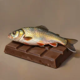 a fish laying on top of a chocolate. soft, atmospheric, warm lighting. highly detailed digital painting by mandy jurgens.