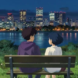 two lovers sitting on a park bench, man with a purple hood, pretty girl with blue hair, looking at the neo - tokyo skyline across the river, at night, in the style of studio ghibli, ilya kuvshinov