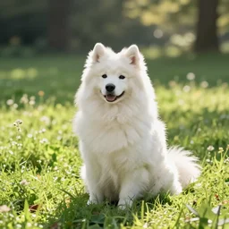 a samoyed dog sitting in the middle of sunny meadow, by Ken Sugimori