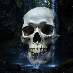 forest, huge skull head, waterfall, fountain, darkness, light