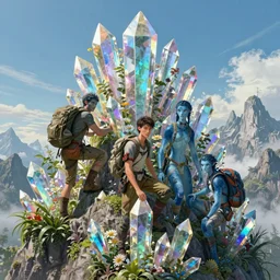 portraits of adventurers climbing a mountain made of rainbow crystal and glass, refraction and reflection, iridescent, lush and overgrown, fantasy, avatar movie and horizon zero dawn 2, intricate, elegant, highly detailed, digital painting, artstation, concept art, matte, sharp focus, illustration, art by ruan jia and conrad roset and bouguereau,
