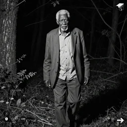 old black man walking in woods at night, security camera footage, cctv, black and white,
