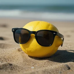 a photo of a single lemon wearing sunglasses at the beach, dramatic lighting, cinematic, extremly high detail, photorealistic,
