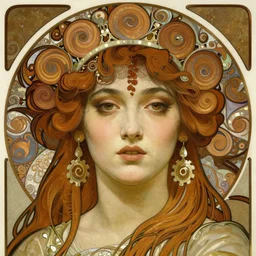 realistic detailed face portrait of Kali by Alphonse Mucha, Greg Hildebrandt, and Mark Brooks, Art Nouveau, spirals, Neo-Gothic, gothic, Art Nouveau