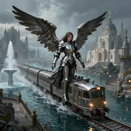 Angel knight gothic girl on a fantasy city with a train that rides inside of a waterway, next to a fountain and a mystical palace.  By Konstantin Razumov, highly detailded