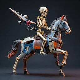 a warped scuplture of a skeleton riding a horse made from parts of plastic toys and riveted together, toy plane crashing, plastic, blue, orange, red, hyperdetailed, ultra realistic, octane render, 8 k, cinematic, atmospheric lighting, dark volumetric lighting