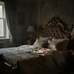 dark dreamy rococo bedroom, soft focus cinematic still, dark dreamy dappled light