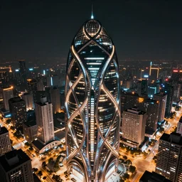 organic skyscraper with an generative design exoskeleton, futuristic city vista, glowing lights, dynamic lighting, twinmotion render, intricate details, bladerunner 2049