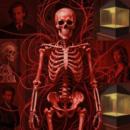 only with red, skeleton, red wires, dorohedoro vibes, in the style of beksinski, parts by edward hopper, parts by michael sowa, parts by yue minjun, intricate composition, red by caravaggio, highly quality, highly detailed, masterpiece, red light, artstation, 4 k