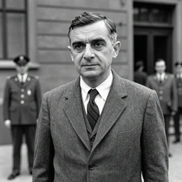 Mr Bean (Rowan Atkinson) at the Nuremberg trials 1945, black and white photograph