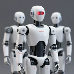 a humanoid robot made of white ceramic with a single red glowing camera lens and red - painted markings covering the body, 4 kr, photoreal.