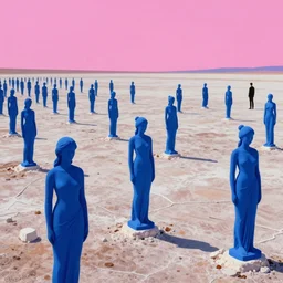 a salt flat in the dessert filled with ruins of blue statues of women with pink light on the horizon, by moebius, edward hopper and james gilleard, zdzislaw beksinski, colorful flat surreal design, hd, 8 k, artstation by magali villeneuve and william bouguereau, 4 k, epic composition