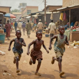 young kids in lagos nigeria running playing together in the market realism style painting