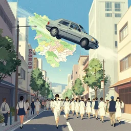 illustration of a 🛸 flying over 🗼, 👽 marching in the street, wide - shot, japanism, cinematic, film, by mandy jurgens, trending on artstation