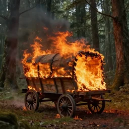 a caravan wagon burning in the sherwood forest. fire. trending on artstation, craig mullins, rutkowski