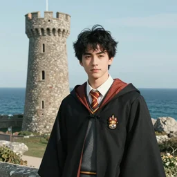young male wizard with black hair in front of a coastal castle tower, art by justin sweet