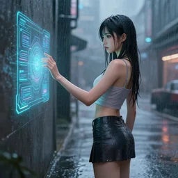 digital illustration of a beautiful wet girl wearing a short skirt in the rain interacting with a holographic interface on a wall in a future cyber punk style city trending on art station