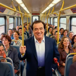 hundreds of danny devito smiling while riding a commuter train,, rich vivid colors, sharp, smooth, highly detailed,, digital painting