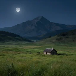 Grassy fields with large mountains in the distance, small cottage in the foreground, nighttime, moon in the night sky, landscape wallpaper, d&d art, fantasy, painted, 4k, high detail, sharp focus