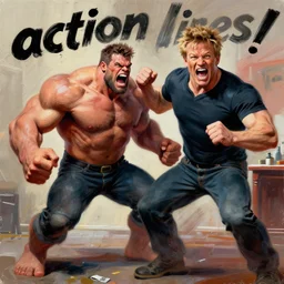 hulking jon taffer brawling with screaming enraged gordon ramsay painting by phil hale,'action lines '!!!, graphic style, visible brushstrokes, motion blur, blurry