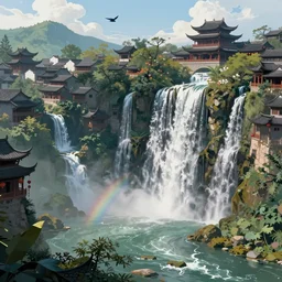 dreamy chinese town, high waterfalls, paradise, magical, digital painting, illustration, bird view, hard focus