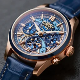 close up of a sapphire and gold wrist watch, intricate, complex, high detail