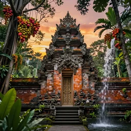 ancient forest stone brick temple with a waterfall and colorful tropic fruit trees, sunset, high definition, high detail, photorealisitc, 8k,