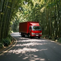 a red daihatsu delta truck parked in the apex of a curve with the road surrounded by a canopy of bamboo trees, the shadows of the leaves are proyected onto the road painting by edward hopper