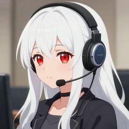 anime portrait of white long haired red eyed young cute girl wearing headset by yenkoes