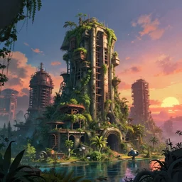 a beautiful detailed rendering of industrial architecture nature building unfinished building city abandoned urbex oases by arne jacobsen, san andreas cosmic alien at summer studio ghibli darkacademia junglepunk at dawn tron vaporwave universe anime sci - fi sunlight water sunset, archdaily, wallpaper, highly detailed, trending on artstation.