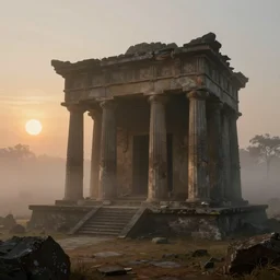 beautiful matte painting of antiente temple ruins, fog, sun rise, dramatic light, fantasy