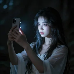 girl takes selfie with ghost spirit, dark eerie photo vibes