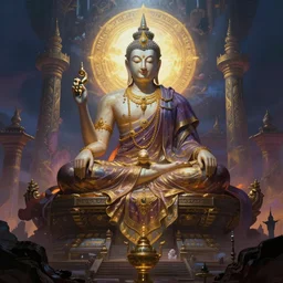the mythical buddhist kingdom of shambhala, in the style of frank frazetta and bob pepper, ultra realistic, atmosphere glow, detailed intricate, colorful, cinematic lighting, unreal engine, god lighting