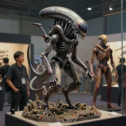 a mecha xenomorph display at a weapon fair by chu qiao and h. r. giger. mid - shot. painted. digital art.