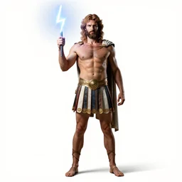 graceful zeus with lightning bolt, photorealistic portrait photography, full body, standing, isolated on a pure white background, centered, whole figure in frame, sharp focus, studio lighting