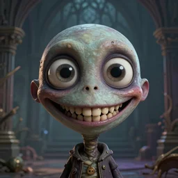 a beautiful portrait of a smiling horror stories movie creatures, big eyes, tooth, sharp focus, smooth, digital illustration, by mcbess, dore, by alexander mcqueen, trending on artstation, depth of field, detailed and intricate gothic environment, 8 k resolution, hyperrealistic, octane render