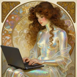 a digital illustration of a brunette girl with curly hair working with her laptop on her lap, iridescent scaled skin, refraction and reflections, translucent, shawl, artstation, painting by alphonse mucha and bouguereau and ruan jia and conrad roset