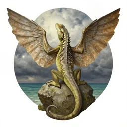 lizard portrait, hudson river school, large wings, bay geo, creature, storm clouds, d & d, fantasy, greg rutkowski, alphonse mucha, high quality, realistic, elegant