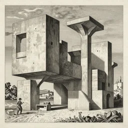 brutalist concrete structures, relativity, lithograph, manga, etching by giovanni battista piranesi, m. c. escher, gustave dore, tsutomu nihei, junji ito, kentaro miura