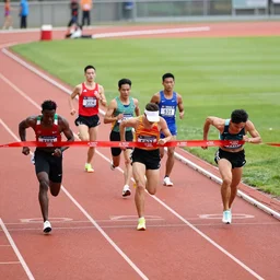 high quality finish line photo of runners diving at the finish line on a running track, slitscan line camera photo