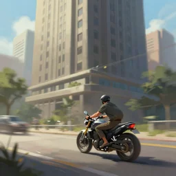 a man riding a motorcycle down a street next to a tall building, concept art by cedric peyravernay, trending on cgsociety, fantasy art, speedpainting, matte painting, cityscape
