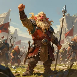 a detailed and very colorful portrait of a dwarf with flowing hair standing victorious on battlefield, artstation, deviantart, octane render, fantasy portrait, 4 k, hires, art by jack davis and lucian freud,