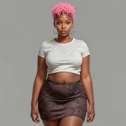 full body portrait, teenage vanessa morgan, pink hair, obese, curly pixie hair, sultry, realistic, short hair, hoop earrings, skirt, shirt, fat, belly, black girl, intricate, elegant, highly detailed, digital painting, artstation, concept art, smooth, sharp focus, illustration, art by wlop, mars ravelo and greg rutkowski