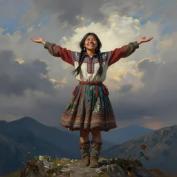 a young indigenous woman at the top of a mountain, with arms wide open, smiling, art by greg rutkowski