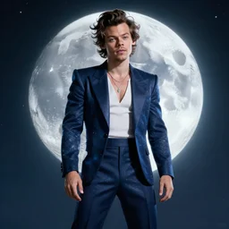 harry styles with a suit inspired by the moon, style artstation, style greg rutkowsk, octane render, unreal engine 6, epic game graphics, fantasy, ciberpunk, conceptual art, ray tracing