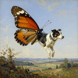 thomas cole style, butterfly with a body of dog flying above landscape