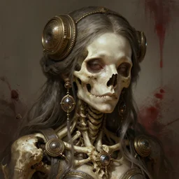 stunning steampunk goddess of skull portrait, bones, skull, dirt, bloody background fantasy, intricate, elegant, highly detailed, digital painting, artstation, concept art, smooth, sharp focus, illustration, art by afshar petros and krenz cushart and artem demura
