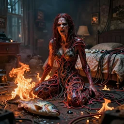 rgb, woman, bedroom full of fire, fish on the ground, rage, cinematic, movie scene, inspired by zdzislaw beksinski, clothes made out of veins,, cables everywhere, bedroom, ultra realistic, concept art, intricate details, highly detailed, photorealistic, octane render, 8 k