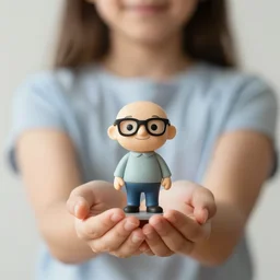 a girl holding a tiny bill gates action figure in her hands, photo - realistic